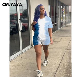 CM.YAYA Tie Dye Gradient Women's Set Ative T-shirt Shorts Matching Two Piece Outfits Sporty Tracksuit Workout Jogger Sweatsuit Tracksuits