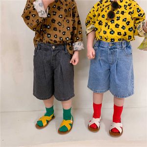 Estilo coreano meninos e meninas soltas casuais denim joelho joelho calças unisex crianças moda all-match shorts verão 210615