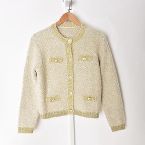 2023 Autumn Fall Long Sleeves Round Neckline Khaki Sweater French Style Woolen Knitted Contrast Trim Sequins Single-Breasted Cardigan Sweaters G121020