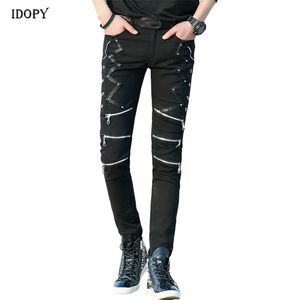 IDOPY Moda Slim Fit Pantolon Punk Stil Siyah Patchwork Deri Fermuarlar Dans Gece Kulübü Erkekler Için Gotik Serin Kot Pantolon 210715