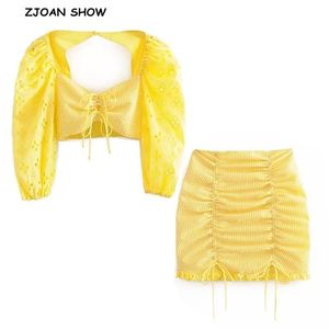 Yellow White Plaid Short T-shirt Crop Top Sexy Women Hollow Out Lace Hem Mini Skirt Half Sleeve Tops 2 Pieces Set 210429