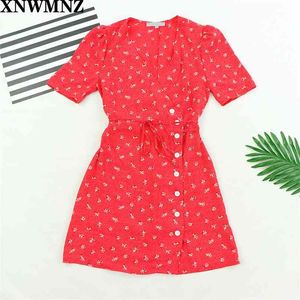 dress France Red V-neck Grandma Dot print women summer short-sleeved waist lace up lady mini robe shei n 210520