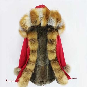 Fashion women's real rabbit fur lining winter jacket coat natural collar hooded long parkas outwear DHL 5-7 Days 211008