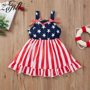 Zafille 4th of July Dress Girl Outfit Ribbed Oberoende Dag Barn Klänningar Stjärnor Suspender Toddler Girl Dress Flag Day Q0716