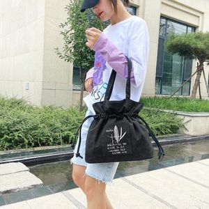 Evening Bags Fashion Bucket Drawstring Shoulder For Women Canvas Vintage Weekender Ladies Purses And Handbags Letter Female Tote 2021
