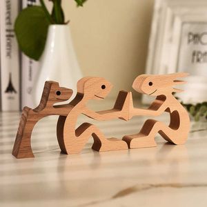 Wooden Dog Sculptures Puppy Ornament Home Family Table Decoration Craft Wood Figurine Model Desktop Creative Gifts For Lover 210607