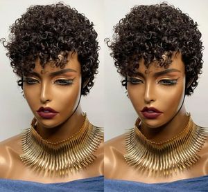 Curto Curly Bob Perucas Cor Preta Brasileiro Pixie Cut Curto Perucas de Cabelo Humano Sem Laço Front Peruca Feito Para Mulheres