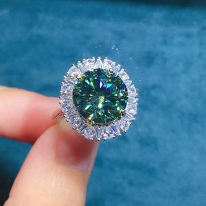 Klusterringar S925 Sterling Silver 5ct Blue-Green Moissanite Diamond Ring VVS Passed Test Perfect Cut Women Fashion Luxury Smycken