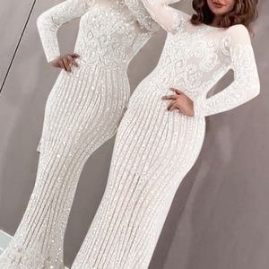 Luxury Evening Dresses White Sexy Hot Stamping Long-sleevedBall Gown Dress