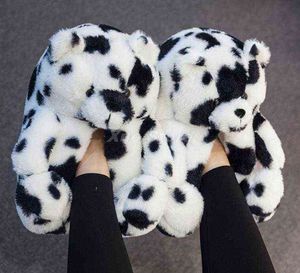 Misia Niedźwiedź Kobiety Boże Narodzenie Pluszowe Kapcie Kreskówki Cute Bear House Slipper Furry Faux Futro Slajdy Kobieta Furry Flip Flop Buty H1122