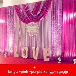 Party Bröllop Dekorationer Sparkly 3mx6m Bröllop Bakgrund Gardiner med Silver Lila Sequins Swag Celebration Stage Performance Background Props