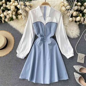 Frauen Mode Kontrast Nähte A-ling Hohe Taille Dünnes Kleid Dame Langarm Vestidos Mujer Vintage Harajuku Kleidung P643 210527