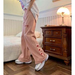 Женские джинсы розовые винтажные вышивальные улицы с высокой талией широкие брюки ноги мешковатый хараджуку прямой мама джинсовой брюк 210809