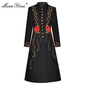 مصمم الأزياء معطف الصوف الشتاء المرأة طويلة الأكمام الوقوف طوق واحدة الصدر التطريز الأسود خمر معطف 210524