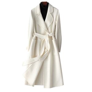 Vit Dubbelsidig Cashmere Woolen Coat Kvinnors Höst och Vinter Varm Bekväm Koreansk High-end Elegant Kvinna Lång 210930