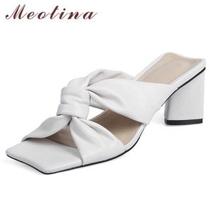 Meotina Mulheres Chinelos Plissados ​​Alto Salto Slides Square Toe Grosso Saltos Senhoras São Sandálias Verão Feminino Branco Preto Verde 210608