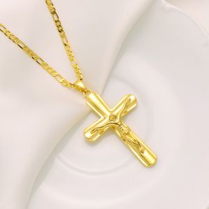 Womens Mens 9k Yellow Solid Gold FINISH Jesus Crucifix wide Cross Pendant Italian Figaro Link Chain Necklace 24" 3mm