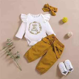 3-piece Baby Girl Letter Print Ruffled Bodysuit and Polka Dots Pants with Headband Set 210528