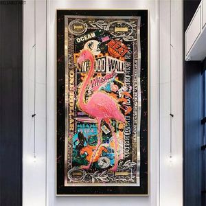 Graffiti-Flamingo auf goldenem Dollar, abstrakte Kunstdrucke, Geldbilder auf Leinwand, Wandgemälde für Wohnzimmer, Heimdekoration, Poster