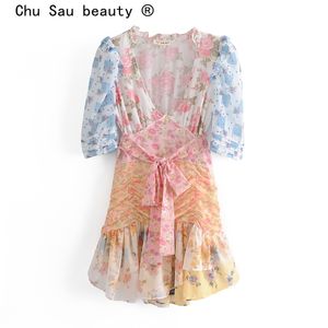 夏のファッションスウィートシックな花のプリントミニドレス女性の休日スタイルの深いVネックドレス女性vestido de Moda 210508
