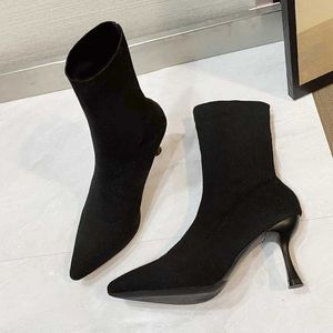 Aphixta 9cm 7cm 5cm Stretch Fabric Socks Boots Women Black Shoes Elegant Pointed Toe Knitting Elastic Ankle for Y0910