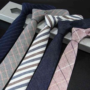 Mens Tie Narrow Version of Cotton and Linen Necktie Male 6cm Formal Wear Business Casual Professional Work Check Father's Gift Y1229
