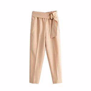 BLSQR Kvinnor Eleganta Khaki Byxor Sashes Fickor Elastisk Midja Solid Ladies Streetwear Casual Chic Byxor Pantalones 210430