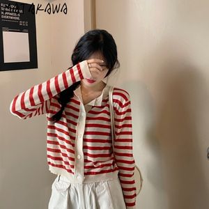 松川縞模様のoネックセーター女性春韓国緩い日本のファッションセーター甘い薄い長袖カーディガントップ210513