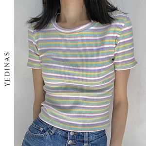 Yedinas Striped Ruffle Short Sleeve T Shirt Women Summer Casual Rib Knit Slim Bodycon Tops Tees Knitted T-shirts Ladies Top 210527