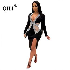 QILI Sexy Deep V-neck Mesh and Rhinestones Dresses Women Long Sleeve Split Diamonds Dress Red Black Blue Green Plus Size S-4XL X0521