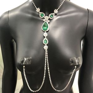 2020 Lyxig grön rhinestone non piercing smycken för kvinnor sexig vuxen kropp nippel kedja halsband