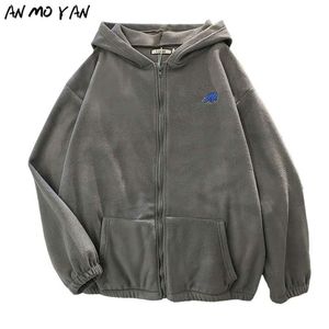 Vinter Kvinnors Hoodie Toppar Höst Koreansk Fashion Djur Broderi Utskrift Lös Plush Zipper Sweatshirt 210928