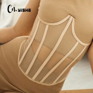 CNYISHE Fashion Mesh Sheer Sexy Breasted Corset Toppar för Kvinnor Tankar Skinny Bandage Lace Up Bustier Top Female Streetwear Vest 210419