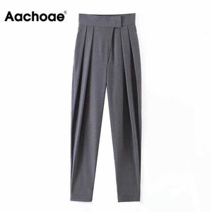 Aachoae 2020 Pantaloni di lana solidi alla moda Pantaloni a pieghe larghi a vita alta da donna Pantaloni streetwear lunghi grigi da donna Pantaloni da donna Q0801