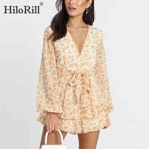 Mulheres Deep V Neck Party Mini Vestidos Floral Impressão Transparente Manga Beach Verão Ruffles Casual Bandage 210508