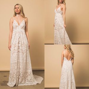 Bohemian Bir Çizgi Tam Dantel Gelinlik Gelinlikler Derin V Boyun Sweep Tren Backless Kolsuz Ülke Tarzı Boho Vestidos De Novia