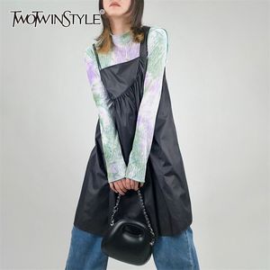 女性のための黒い非対称のスリングドレスのための襟の襟のスリングのプリーツMidiのドレス女性韓国の夏のファッション210520