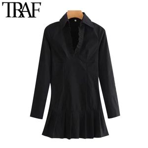 Traf Women Chic Fashion Ruffled Black Mini Dress Vintage Long Sleeve Side Zipper Female Dresses Vestidos Mujer 210415