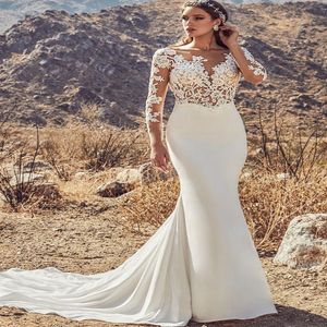 Elegant Mermaid African Wedding Dress Long Sleeve 2021 Sexy Backless Boho Bride Dresses With Lace Satin Train Bridal Party Gowns Robe De Mariée