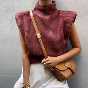 Höst Kvinnors Solid Färg Ärmlös Hög Neck Fashion Casual Shoulder Pad Top Sweater Office Lady Stickade Pullovers 210517