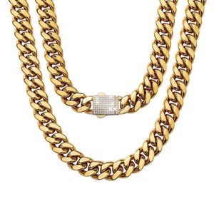 6-14mm wide Stainless Steel Cuban Miami Chains Necklaces CZ Zircon Box Lock Big Heavy Gold Chain Men Hip Hop Rapper jewelry