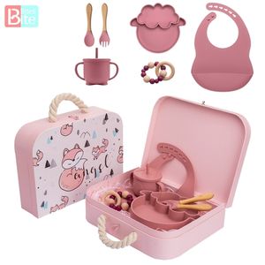 Baby Silicone Feeding Tableware Sets with Exquisite Box Food Grade Non-Slip Crockery BPA Free for Birth Gifts 211026