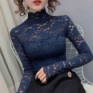 Korean Temperament Women Tops Long-sleeved Hollow out bottoming shirt Spring High neck Sexy Flower Lace blouse 210517