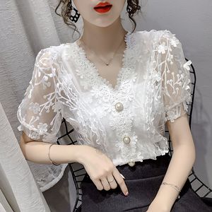 Desenhos tops de renda mulheres pérolas com decote em v chiffon camisa de manga curta camisa flor de flor impresso floral transparente mulheres sexy band