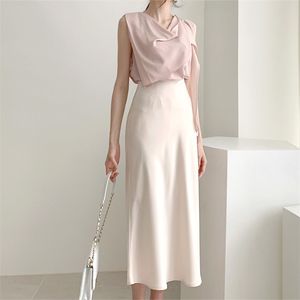 Elegant High Waist Satin Skirt Women Casual A-Line Midi Silk Slim Summer Autumn 210629