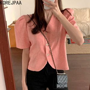 Korejpaa Women Jackets Summer French Simple Temperament V-Neck Chic Three-Button Loose All-Match Puff Sleeve Short Jacket 210526
