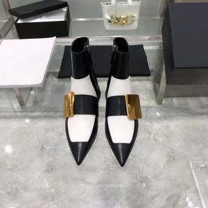 Genuine Leather Ankle Boots Women Pointed Toe Metal Buckle Knight Shoes Woman White Black Short Boot Female Flats Shoe 2021