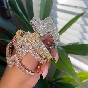 New Gold Sier Color Opened Square Zircon Charm Bracelet Iced Out Bling Baguette CZ Bangle for Men Women Jewelry