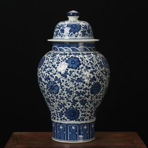 Vazen Jingdezhen keramische vaas Hoogwaardige antieke hand getrokken lotuswortel en blauw witte bloemen grote woninginrichting tempel pot
