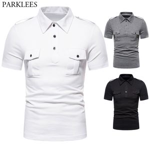 Çift Cep Askeri Apolet Polo GÖMLEK Erkekler Yaz Kısa Kollu Slim Fit Polo Homme Moda Kısın Yaka Polos Para Hombre 210522